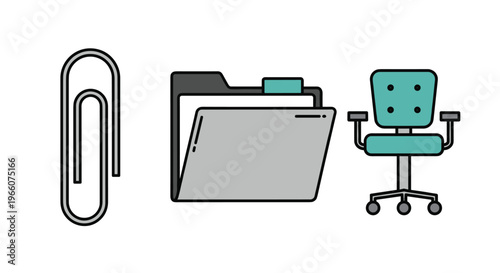 Vector illustration of office supplies and furniture including a paperclip file folder and green office chair, Generative AI.