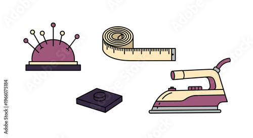 Collection of sewing and ironing tools on a including a pin cushion tape measure iron and ironing board, Generative AI.