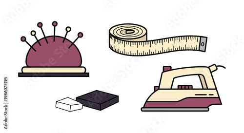 A colorful illustration of sewing tools including a pin cushion measuring tape iron and other accessories, Generative AI.