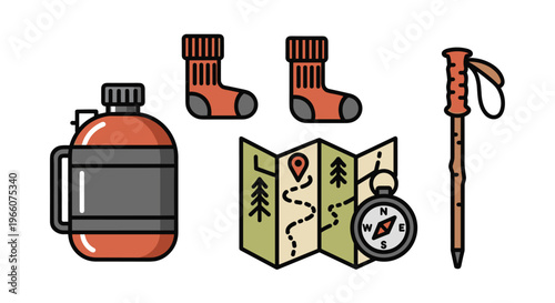 Vector illustration of hiking and camping equipment on including a water bottle socks map compass and walking stick, Generative AI.