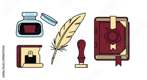 Vintage writing and sealing tools on a with a quill feather ink bottle and book, Generative AI.