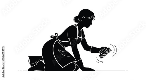 A detailed black silhouette depicts a woman kneeling and cleaning with a brush showcasing domestic work silhouette high quality professional modern