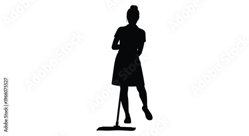 A full body depiction of a woman with a mop arms crossed standing against a white background silhouette high quality professional detailed