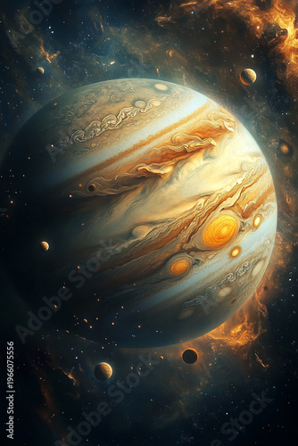 planet jupiter seen far from space with his satellight