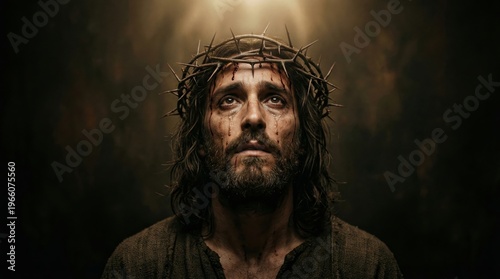 Jesus Christ wearing crown of thorn looking up to heaven. Dramatic religious portrait of man with blood and tear. Symbol of sacrifice, faith, catholic religion and christian holiday Easter.