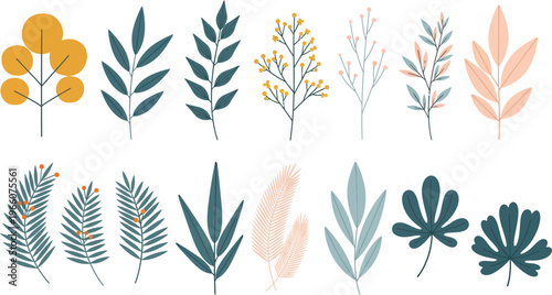 Collection of various colorful leaves and foliage on white background for design and decoration purposes easily