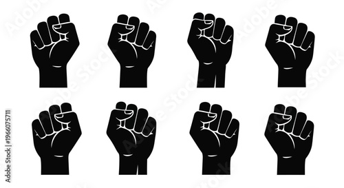 Eight clenched fists displayed in a grid pattern silhouette