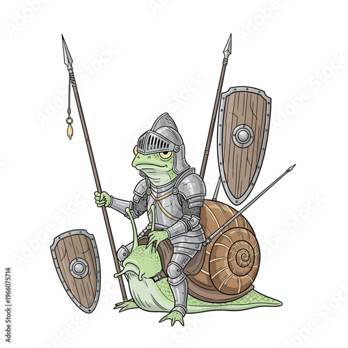 Frog Knight Riding Snail with Spears and Shields, Fantasy Warrior Creature
