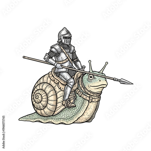 Knight in Armor Riding a Snail with Spear