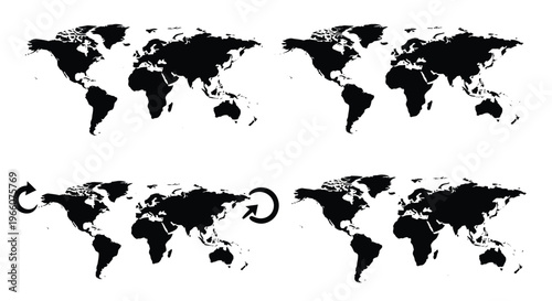 Multiple world map shapes presented in a striking black silhouette