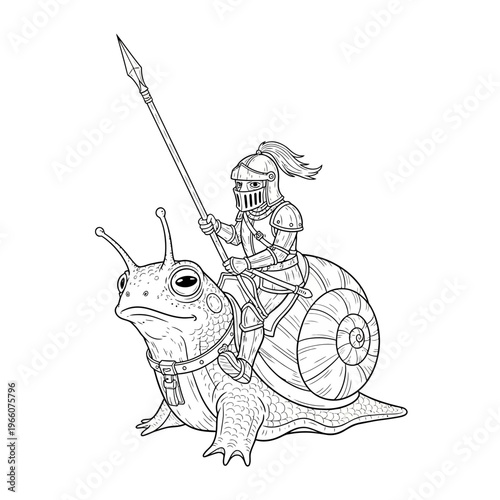 Knight riding a snail, fantasy illustration, medieval armor, whimsical creature, adventure concept