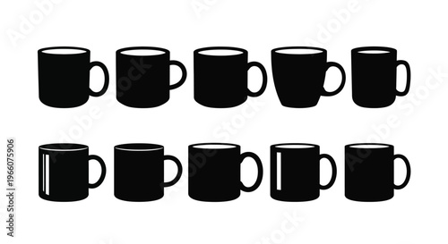 A row of black coffee mugs in varying shapes a striking silhouette