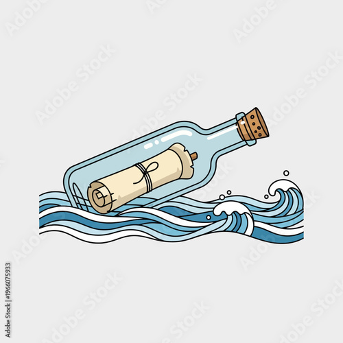Message in a bottle floating on waves, ancient scroll inside, communication concept