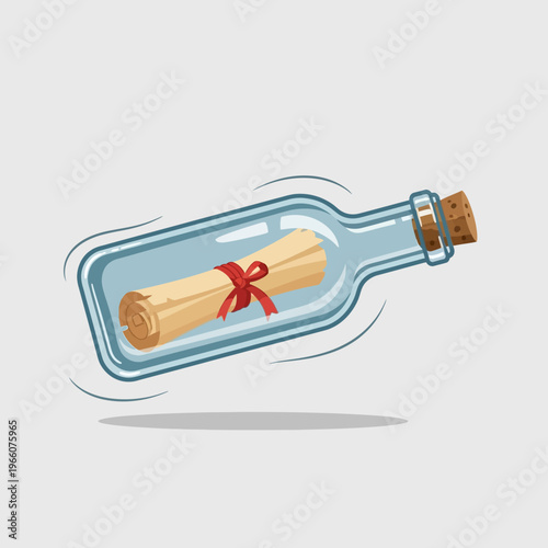 Message in a Bottle Floating with Rolled Scroll Tied with Red Ribbon