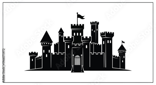 A striking black silhouette depicts a medieval castle with towers flags and a gate creating a dramatic silhouette high quality professional