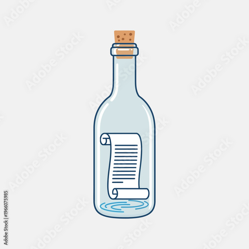 Message in a bottle with rolled paper and cork on grey background, vector illustration