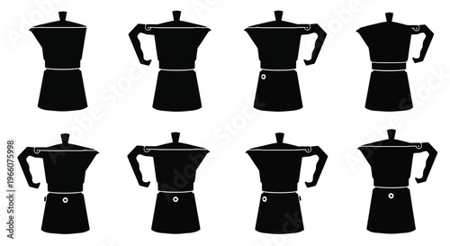 Eight black moka pots arranged in a grid a stark silhouette