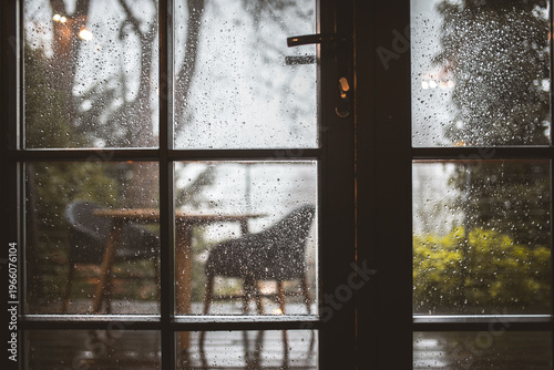 Canvastavla Cozy cafe interior seen through a rain-streaked window on a gloomy day