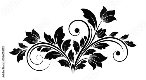 An elegant floral arrangement depicted in a stark black silhouette showcasing swirling leaves and blossoming shapes high quality professional detailed modern
