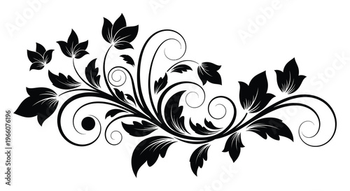 An elegant black floral arrangement with swirling vines and detailed leaves presented as a striking silhouette high quality professional modern stylish