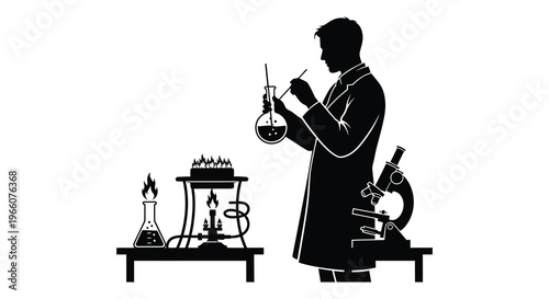 A scientist conducts a chemistry experiment with beakers burners and a microscope depicted as a silhouette high quality professional detailed modern