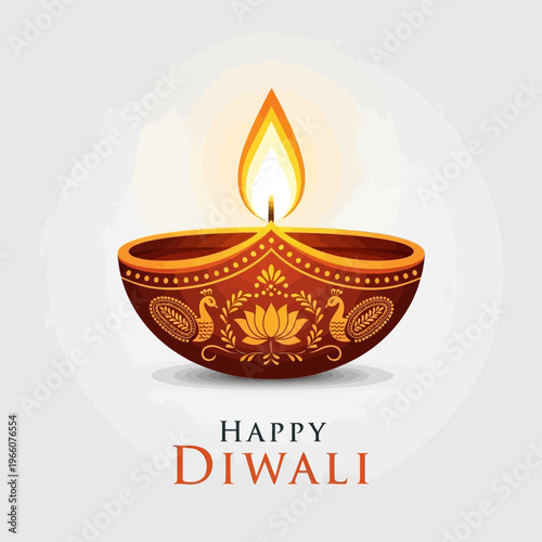 Diwali diya lamp with peacock and lotus motifs, happy diwali text