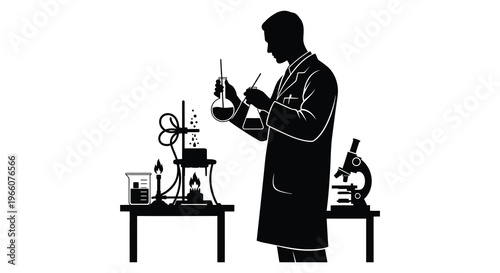 A scientist conducts an experiment with glassware and equipment in a stark black silhouette high quality professional detailed modern elegant stylish