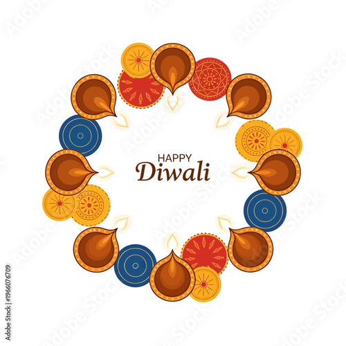 Happy Diwali decorative frame with diyas and traditional Indian patterns