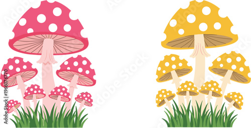Colorful Mushroom Collection Set with Red and Yellow Spotted Toadstools in Grass Fantasy Forest Illustration Design