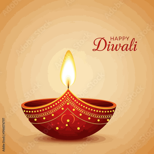 Happy Diwali diya lamp lit with flame, traditional Indian festival of lights celebration