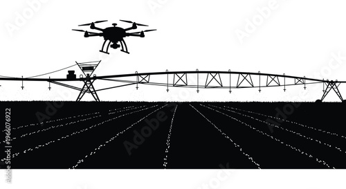 A stark black silhouette of a drone flying over a center pivot irrigation system and agricultural fields high quality professional detailed