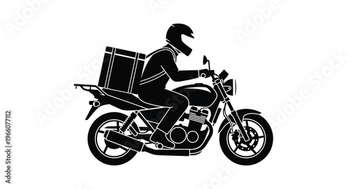 A delivery driver on a motorcycle carries a large box depicted in a striking black silhouette high quality professional detailed modern