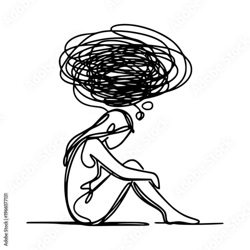 Line drawing shows seated woman with chaotic scribble cloud above on white background, expressing stress and emotional struggle. Loneliness, depression, mental problems concept