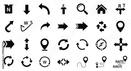 A collection of black navigation and directional icons including arrows a compass and map markers in silhouette high quality professional detailed