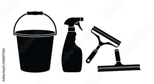 A black silhouette depicting cleaning supplies including a bucket spray bottle and squeegee silhouette high quality professional detailed modern elegant stylish