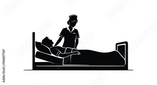 A healthcare scene depicts a nurse attending to a patient lying in a hospital bed shown as a silhouette high quality