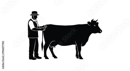 A farmer stands beside a cow holding its lead depicted in a striking black silhouette high quality professional detailed modern elegant