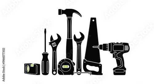 A collection of black tool silhouettes arranged against a white background showcasing various construction implements silhouette high quality professional detailed modern