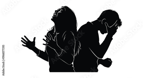 A distressed couple a woman reaching upwards and a man holding his head depicted in stark contrast silhouette high quality professional