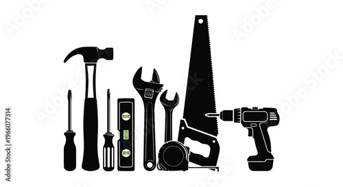 A collection of common hand tools and power tools are displayed in a striking black silhouette high quality professional detailed modern