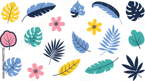 Collection of colorful tropical leaves and flowers on white background