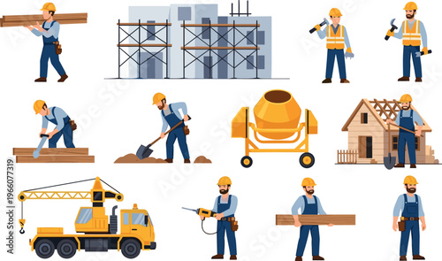 Construction Workers Vector Illustration with Hard Hat, Tools, Crane, Cement Mixer, and Building Materials for Construction Industry, Labor Force, and Urban Development