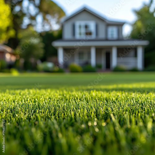 neatly mown front yard. house blurred in background