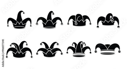 A collection of black jester hats with varying designs displayed against a white background silhouette high quality professional detailed modern