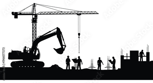 A striking black silhouette depicts construction workers and heavy machinery at a busy building site silhouette high quality professional detailed modern