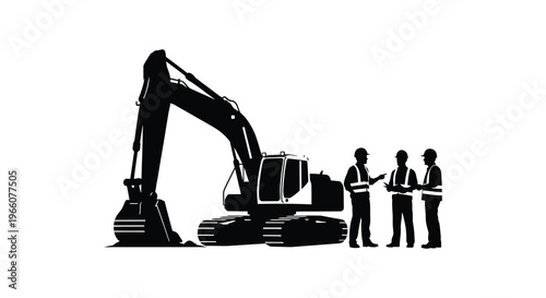 Construction workers discussing plans near a large excavator rendered as a stark black silhouette high quality professional detailed modern elegant stylish