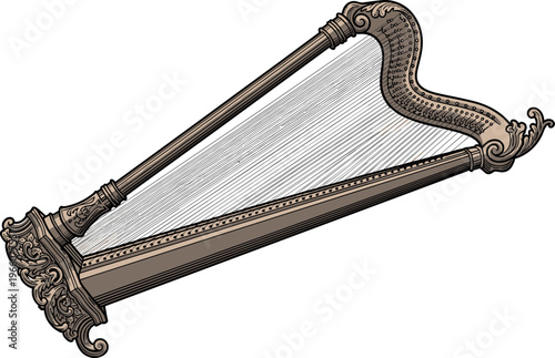 An ornate harp with intricate carvings and strings on a plain background