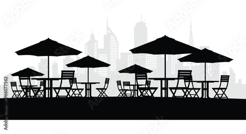 An outdoor cafe scene features tables chairs and umbrellas against a city skyline in a striking silhouette high quality professional detailed