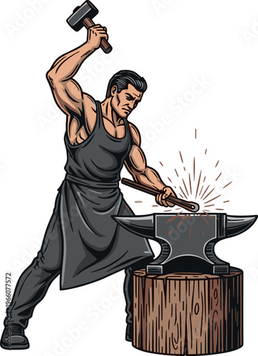 A muscular man in an apron hammering a piece of metal on an anvil