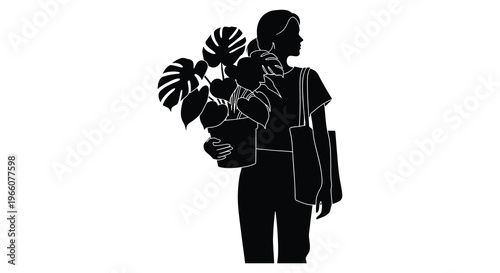 A striking black silhouette of a woman holding a potted monstera plant and shoulder bag silhouette high quality professional detailed modern